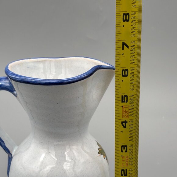 Vintage Talavera Pottery Pitcher with Hand-Painted Grapes and Blue Rim Accents - Picture 8 of 8